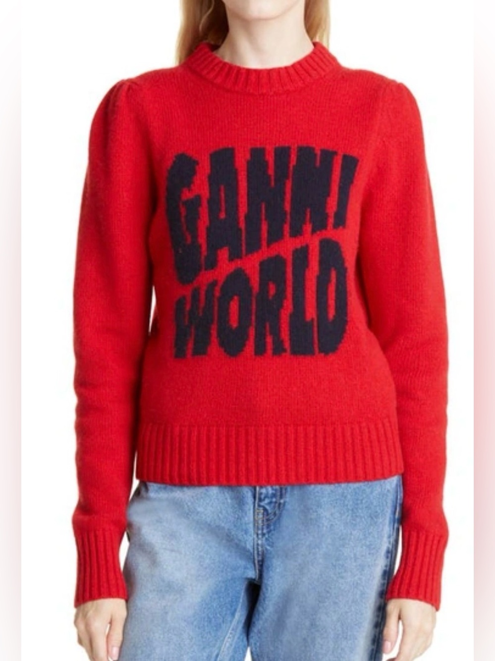 GANNI Women’s World Graphic Sz S Puff Slv Sweater Barbados Cherry Red Wool Blend